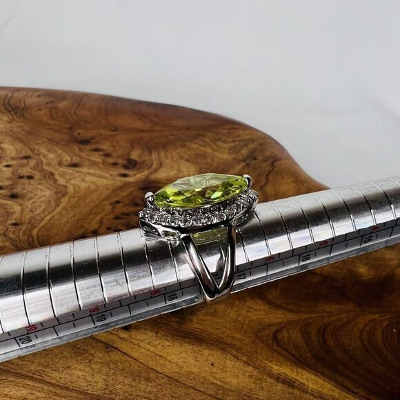 Vintage Ring Sz 7 Beautiful Green Clear Crystal CZ Oval Eye Silver Plate 1454 - Picture 14 of 16
